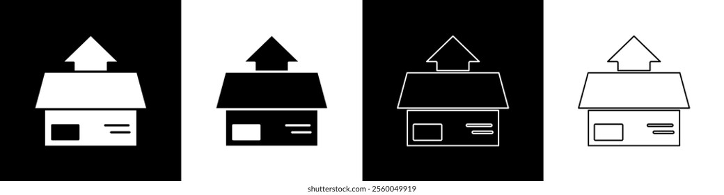 Set Carton cardboard box icon isolated on black and white background. Box, package, parcel sign. Delivery and packaging.  Vector Illustration