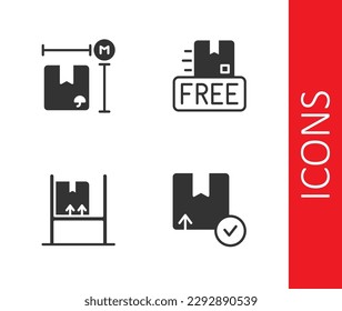Set Carton cardboard box, Cardboard measurement, Warehouse interior with boxes and free symbol icon. Vector