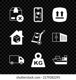 Set Carton cardboard box, Mobile app delivery tracking, This side up, Delivery cargo truck, Weight, Cargo ship with boxes, Home services and Hand and icon. Vector