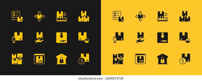 Set Carton cardboard box, Online app delivery tracking, Closed warehouse, Delivery hand with, Conveyor belt, Verification of list and  icon. Vector