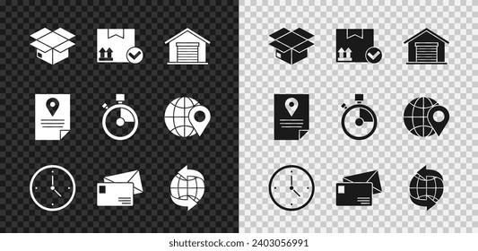 Set Carton cardboard box, Package with check mark, Warehouse, Fast time delivery, Envelope, Worldwide, Document tracking marker system and  icon. Vector