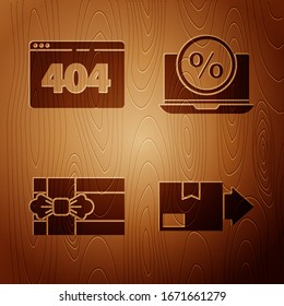 Set Cartón de cartón, Página con un error 404, Caja de Regalo y Porcentaje de descuento y laptop sobre fondo de madera. Vector