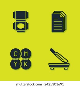 Set Carton cardboard box, Paper cutter, CMYK color mixing and File document icon. Vector