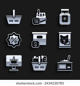 Set Carton cardboard box with price, Shopping basket and food, Tin can caviar, Canned, cart computer, Discount percent tag, Coffee jar bottle and  icon. Vector