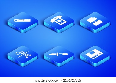 Set Carton cardboard box, Ruler, Pipette, Paper roll of printing press, T-shirt and Torn document icon. Vector