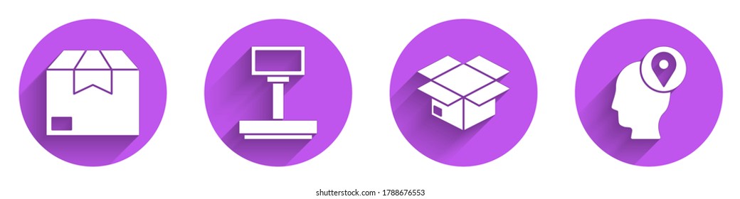 Set Carton cardboard box, Scale, Carton cardboard box and Delivery man with cardboard boxes icon with long shadow. Vector