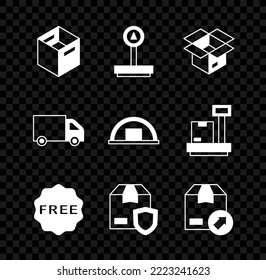 Set Carton cardboard box, Scale, Unboxing, rice tag with Free, Delivery security shield, cargo truck and Warehouse icon. Vector