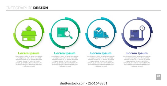 Definir caixa de cartão de cartão de caixa, pacote de pesquisa, caminhão de entrega com marca de verificação e Escala com caixa de cartão. Modelo de infográfico comercial. Vetor