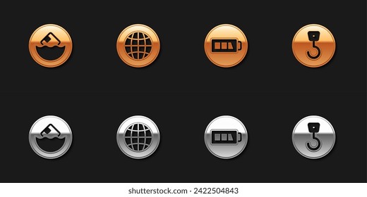 Set Carton cardboard box, Social network, Battery and Industrial hook icon. Vector