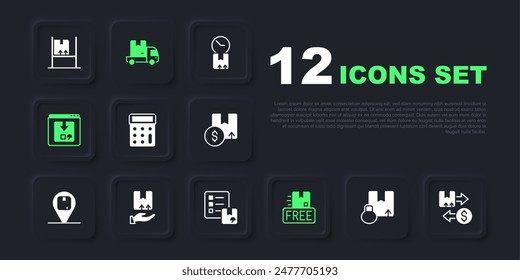Set Carton cardboard box, Tax, Calculator, Cardboard with free symbol, Online app delivery tracking, Delivery hand, cargo truck and Verification of list icon. Vector