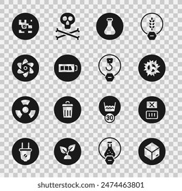 Set Carton cardboard box, Temperature wash, Bomb explosion, Test tube and flask, Battery, QR code and Industrial hook icon. Vector