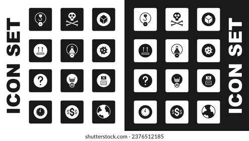 Set Carton cardboard box, Test tube and flask, Temperature wash, Industrial hook, Bomb explosion, Bones skull warning,  and Unknown search icon. Vector