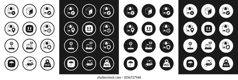 Set Carton cardboard box, This side up, Location with, Cardboard clock, Delivery security shield and Scale icon. Vector