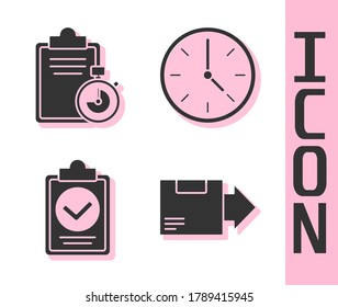 Set Carton cardboard box, Verification of delivery list clipboard, Verification of delivery list clipboard and Clock icon. Vector