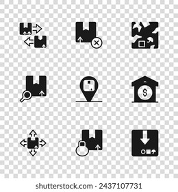 Set Carton cardboard box, Warehouse price, Location with, Broken, Cardboard traffic symbol,  and Search package icon. Vector