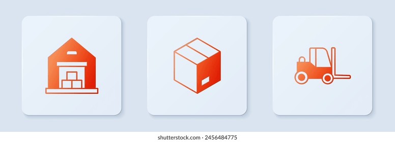 Set Carton cardboard box, Warehouse and Forklift truck. White square button. Vector