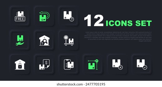 Set Carton cardboard box, Warehouse check, Cardboard measurement, Delivery hand with, Waybill, Return and Document tracking marker icon. Vector