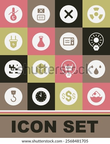 Set Carton cardboard box, Water drop, No direct sunlight, X Mark, Cross in circle, Test tube and flask, Electric plug, Meteorology thermometer and Microwave oven icon. Vector