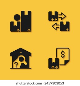 Set Carton cardboard box, Waybill, Warehouse check and Cardboard with traffic symbol icon with long shadow. Vector