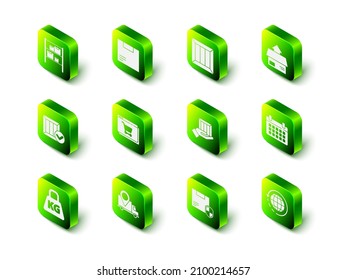 Set Carton cardboard box, Wooden, Calendar, Worldwide shipping and, Delivery hand with boxes, security shield and tracking icon. Vector