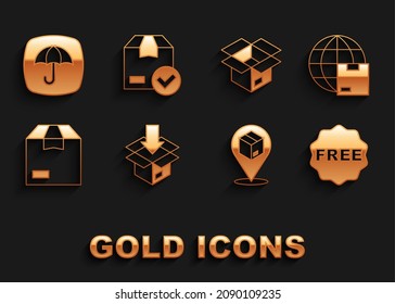 Set Carton cardboard box, Worldwide shipping, rice tag with Free, Location, Unboxing, Delivery package umbrella and check mark icon. Vector