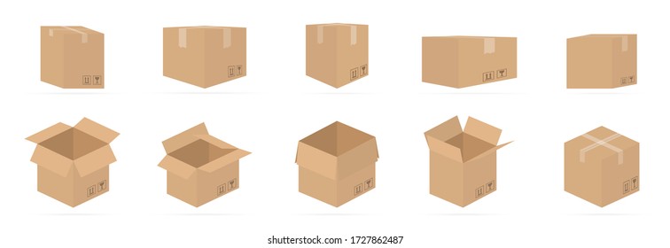 Set of carton delivery packaging open and closed box with fragile signs on a white background with natural colors. Each box is grouped and isolated easy to use and edit. Box mockup Vector Illustration
