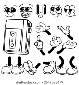 set of carton groovy walkman retro icons. hand drawn vector illustration body part, face, hand, feet