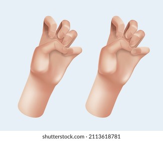 Conjunto de manos 3d de dibujos animados. Grupo de manos. Señal de paz, buen grito de señas, apuntar con la mano, alta de cinco manos Hombres y mujeres brazos Decoración objeto aislado. Ilustración del vector