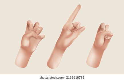 Conjunto de manos 3d de dibujos animados. Grupo de manos. Señal de paz, buen grito de señas, apuntar con la mano, alta de cinco manos Hombres y mujeres brazos Decoración objeto aislado. Ilustración del vector