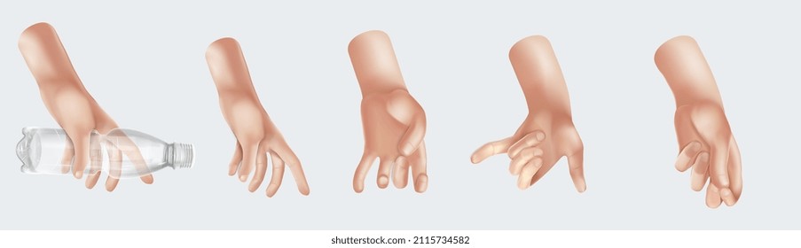 Conjunto de manos 3d de dibujos animados. Grupo de manos. Señal de paz, buen grito de señas, apuntar con la mano, alta de cinco manos Hombres y mujeres brazos Decoración objeto aislado. Ilustración del vector