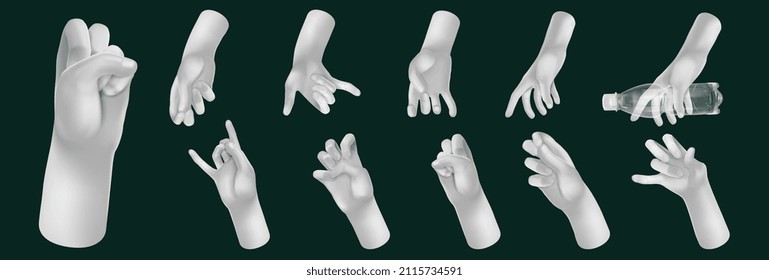 Set of cartoon 3d hands . Hand group. Peace sign, ok sign tap, point out hand, high five hand Men and women arms Decoration 3d object isolated. Vector illustration