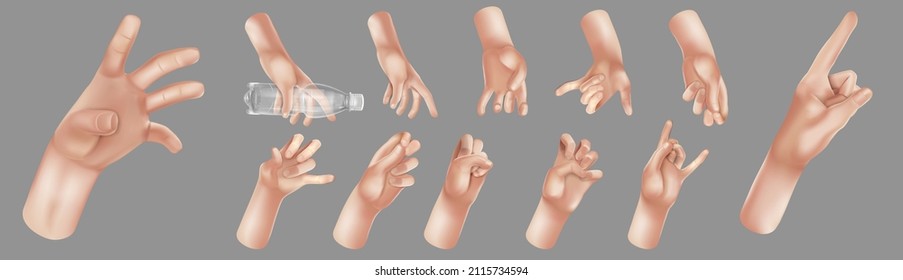 Set of cartoon 3d hands . Hand group. Peace sign, ok sign tap, point out hand, high five hand Men and women arms Decoration 3d object isolated. Vector illustration