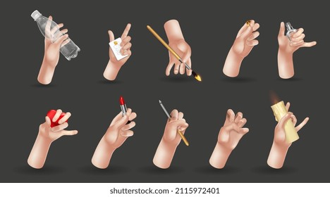 Set of cartoon 3d hands with objects: brush, pencil, lipstick, heart, bottle . Hand group. Peace sign, ok sign tap, point out hand, high five hand Men and women arms Decoration 3d object
