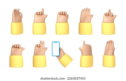 Set of cartoon 3D hands. Vector cartoon hand gestures isolated on white background.