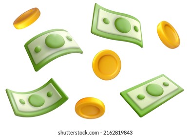 Colocar el billete y la moneda de 3 d de dibujos animados aislados sobre fondo blanco. Símbolo o icono real lindo. Recolección de elementos de dinero gloso dulce. Ilustración vectorial para los negocios de juegos, banca, finanzas.