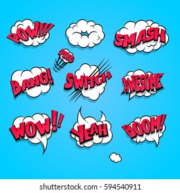Set cartoon abstract creative hand drawn vector colored cloud bubble with comic text. Speech balloon pop art style. Comic book burst elements, text dialog explosion: boom, bang, pow, smash.