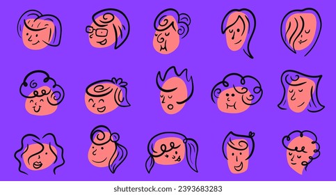 Set cartoon abstract head girl, woman, grandmother in funny simple doodle draw style. Bright fashion emotion faces various people. Bright design character emotion. Collection flat vector illustration.