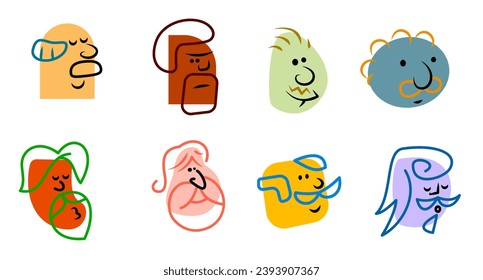 Set cartoon abstract head grandfather in funny simple doodle draw style. Bright fashion emotion faces various people. Bright design character emotion. Collection flat vector illustration.