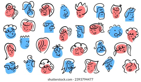 Set cartoon abstract human head in funny simple doodle draw style. Bright fashion emotion faces various people. Bright design character emotion. Collection flat vector illustration.