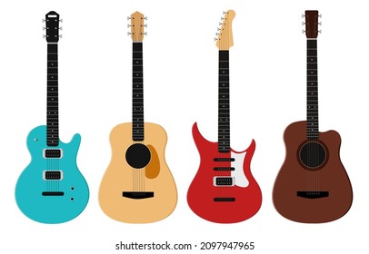 Set of cartoon acoustic and electric guitars.