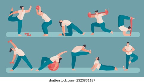 Set of cartoon active female performing different exercises with sport equipment in gym. Active and healthy lifestyle. Yoga and fitness concept. Vector flat illustration in blue colors