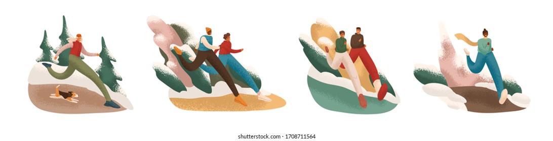 Set Of Cartoon Active People At Winter Running Isolated On White Background. Collection Of Various Man And Woman Jogger Vector Graphic Illustration Watercolor Style. Sports Person Training Outdoors