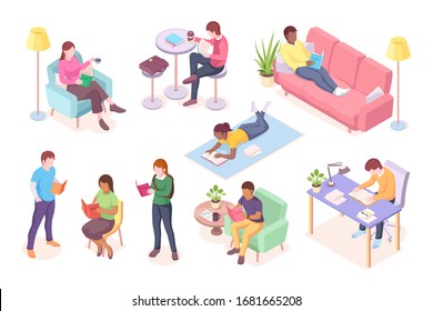 Set Of Cartoon Adult People Read Books While Lying At Sofa Or Sitting. Man Working At Table And Woman Reading Magazine. Male And Female Study Or Leisure Illustration Design. Literature And Reading