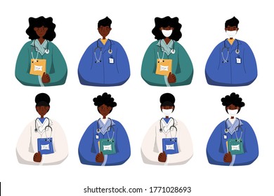 Set of cartoon african american man and woman doctor wear protective mask and without mask, clinic employee isolated on white background. Medical staff in uniform. Vector illustration. Flat style.