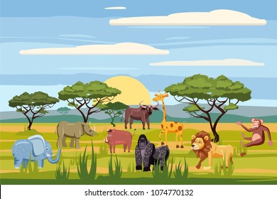 Set of cartoon african animals, background landscapes savanna. Safari animals , hippopotamus, rhinoceros, elephant, giraffe, lion, monkey, buffalo, cartoon style, vector, isolated