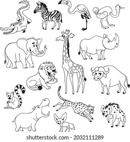 Set of cartoon African animals, black outline only. Crocodile, zebra, flamingo, ostrich, elephant, giraffe, rhino, lion, buffalo, lemur, hippo, phoenix fox, cheetah, hyena.