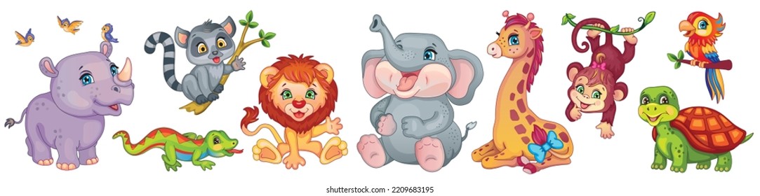 Set cartoon African animals. Funny fairytale zoo. Children illustration for sticker, print, wallpaper. Cute little elephant, lion, giraffe, monkey and lemur with friends or family. Doll or toy. Vector