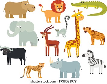 Set of cartoon African animals. A Giraffe, a lion, an elephant, a zebra, a hippo, a lemur, a buffalo, a cheetah, an antelope, a hyena. - Shutterstock ID 1938021979