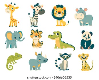 Set of cartoon african animals. A Giraffe, a lion, an elephant, a zebra, a hippo, a lemur, a cheetah etc	