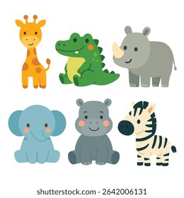 Set of cartoon African animals including giraffe, crocodile, rhinoceros, elephant, hippopotamus, and zebra. Flat colorful illustration on white background. Safari and wildlife concept. Design for